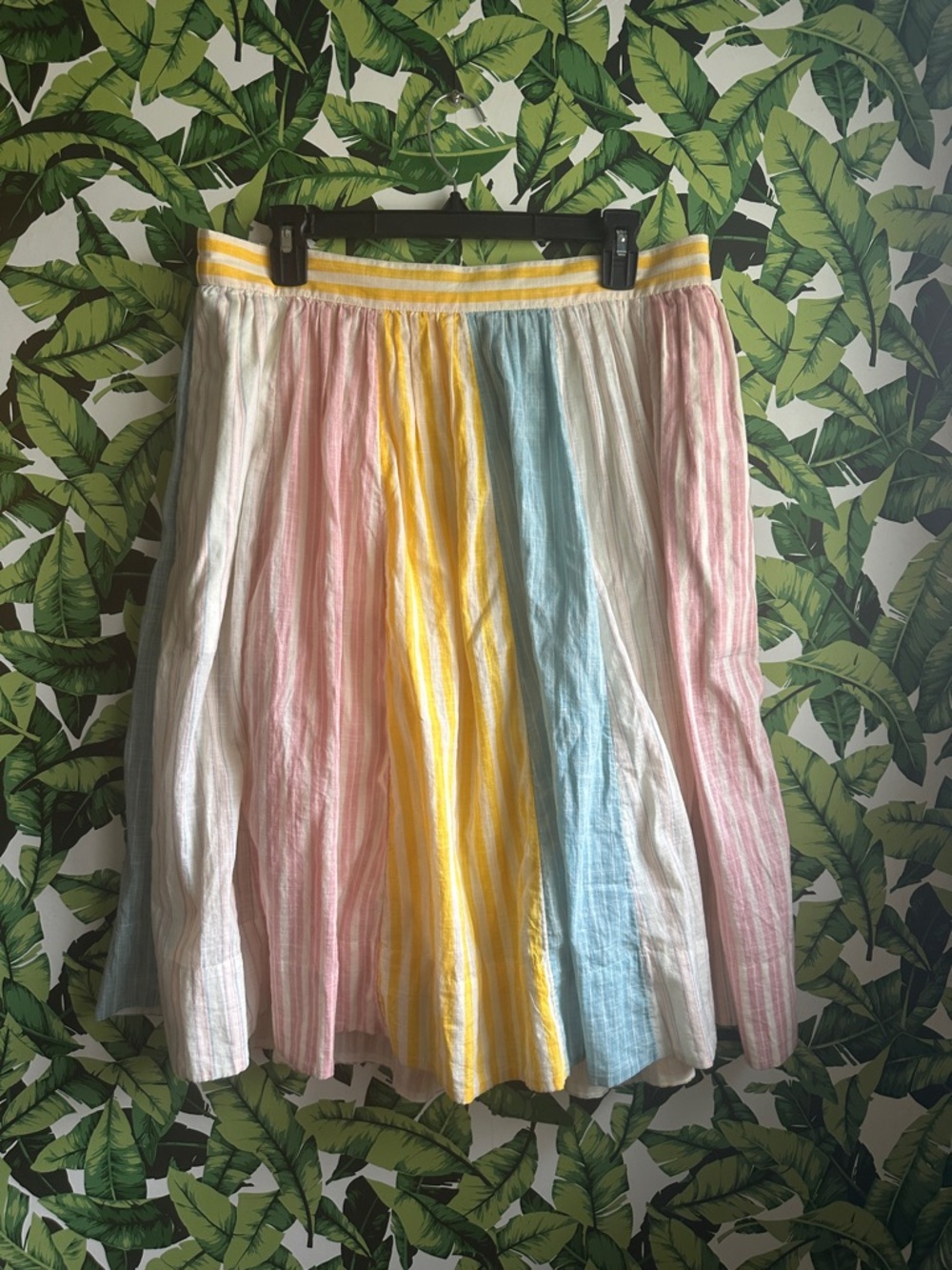 Anthropologie Maeve Multi Colored Stripe Midi Skirt - Pastel Yellow, Pink & Blue